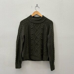 J.CREW green cable knit wool blend mock neck sweater